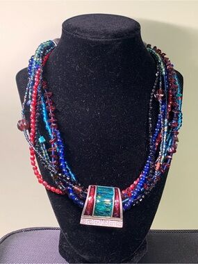 Chico's Multistrand Red, Blue & Teal Beaded Necklace with Focal Pendant
